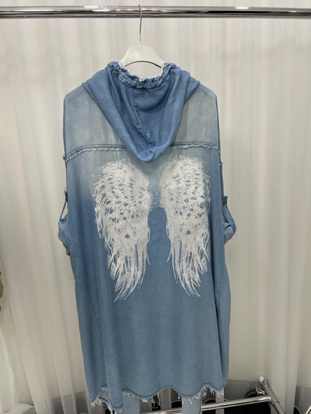 Light Blue Hooded Denim Vest with White Angel Wing Design